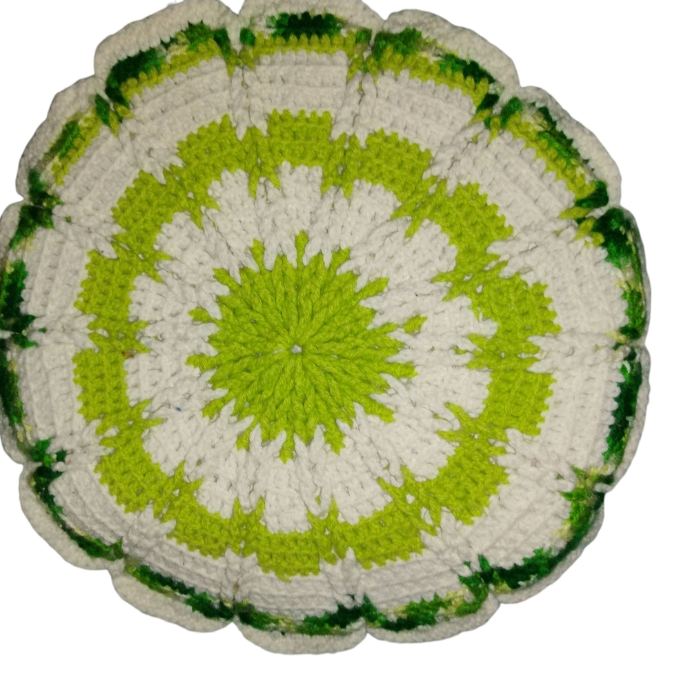 Handmade Green and White Crochet Accent Pillow